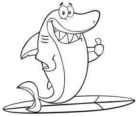 Black And White Shark Cartoon Mascot Character Surfing And Holding A Thumb Up. Vector Illustration With Background