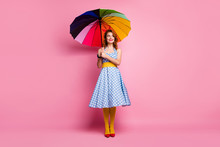 Full Length Photo Of Cheerful Fancy Lady Hold Bright Umbrella Look Copyspace Enjoy Rainy Day Weekend Wear Yellow Blue Headband Red Shoes Tights Isolated Over Pink Color Background