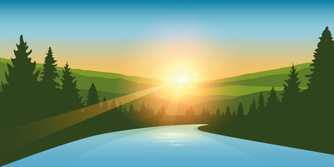 Wall Mural - river in a forest at sunrise outdoor adventure vector illustration EPS10