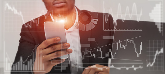 Poster - African American man working with mobile phone and laptop in office, collage with info on virtual interface. Panorama