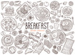 Set of doodle breakfast food and good morning elements and icons. Vector sketch hand drawn illustration