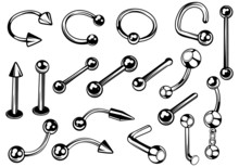 Set Of Earrings For Piercing. Collection Of Metal Accessories For Punctures Of Any Part Of The Body. Vector Illustration For Tattoo Salons.