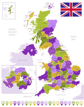 Detailed Map Of United Kingdom With Flag, Border Of Regions And Country. Purple, Yellow, Green. Vector Illustration