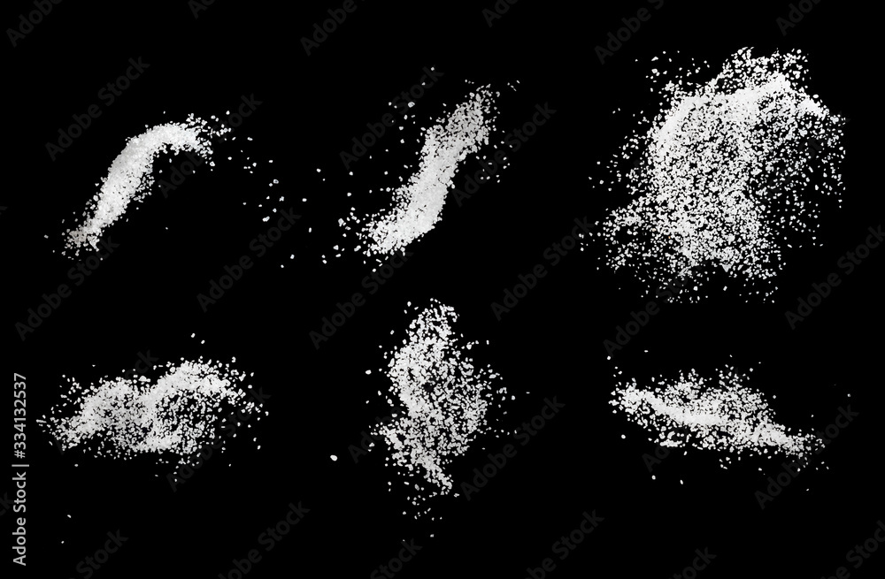 Set of sea salt splash explosion isolated on black background close up, freeze motion - obrazy, fototapety, plakaty 
