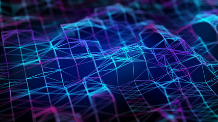 Poster - Network of bright connected dots and lines. Digital plexus of glowing lines and dots. Abstract background. 3D rendering.