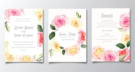 Elegant wedding invitation card set template with colorful flower and greenery leaves