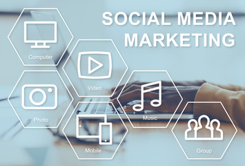 Poster - Social media influencer working on laptop, developing marketing strategy, collage with SMM icons on virtual screen