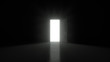 Light shines from door opening in dark room. Fills the space with bright white light. 3D render