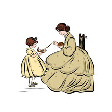 Mom And Daughter Winding Yarn For Knitting In Ball. Woman In Long Magnificent Ball Gown. People In Vintage Style From The Nineteenth Century.