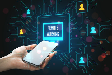 Poster - Hand holding phone with distant coworking remote work interface