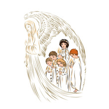 Guardian Angel With Children Prays. Kids With Candles.  Biblical Heavenly Symbol Of Man With Wings. Decor For Greeting Retro Cards For Christmas, Easter And Other Religious Holidays