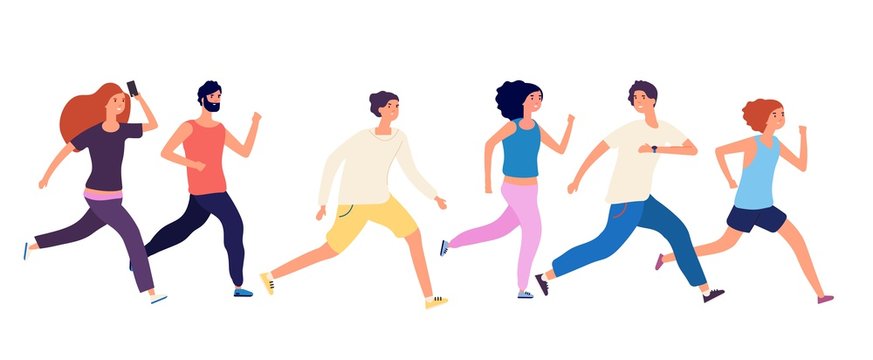 Running people. Crowd jogging, isolated runners. Adult group athletic, healthy activity men women. Fitness sport training. Business sprint vector illustration. Jogging group, running sport crowd