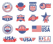 American Labels. Made In Usa Seal Badges Design. Patriotic Logo Or Stamp. Isolated Tags With Flag Of America And Star Symbols Vector Set. American Quality Product, Banner Made In Usa Illustration