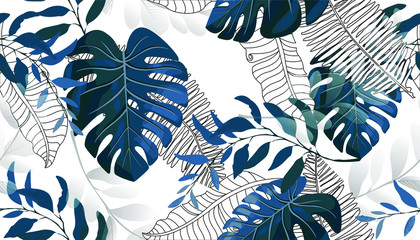 Summer hawaiian seamless pattern with exotic tropical plants, palm tree, monstera leaves