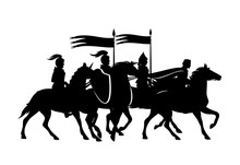 Medieval King And Warriors Riding Horses With Flying Banners -  Vector Set Of Black Silhouettes (all Figures Are Editable Separately)