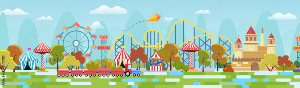 Amusement park panorama with attractions and fairytale castle concept ...