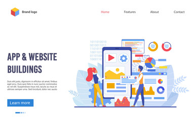 Aufkleber - Application and website buildings landing page template flat vector illustration concept. Software development, responsive website interface, app marketing plan and graphic design, web engine core