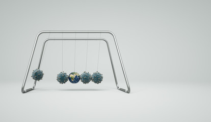 Newton's cradle coronavirus earth globe concept. Global economy corona virus influence and impact. World covid-19 spreading idea. Covid-19 infecting outbreak. 