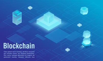 Wall Mural - Blockchain technology structure abstract isometric vector illustration background. Blue virtual scheme distributed protected database with blocks as geometry figures linked using cryptography as lines
