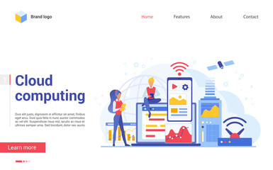 Aufkleber - Modern cloud computing technology landing page template flat vector illustration concept. Cloud Computing Concept. Data storage protection, computing science disk services, connection innovations
