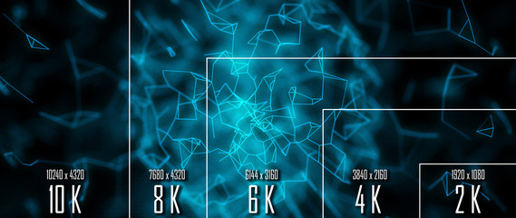 10K/ 8K/ 6K / 4K / 2K tv resolution display with comparison of resolutions. 3D render