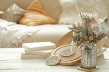 Decorative Items In The Interior With Dried Flowers.