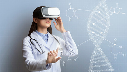 Poster - Medical technology. Collage with female medic wearing virtual reality headset and DNA molecule on virtual screen