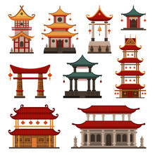 Traditional Chinese Buildings Set, Pagoda, Ancient Temple, Gate, Cultural Oriental Architecture Objects Vector Illustration