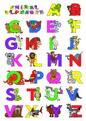 Wall Mural - Zoo animal alphabet. Letters from A to Z. Cartoon cute animals isolated on white background. Different animals ABC. For children education and foreign language study. Alligator, bear, camel, duck etc.