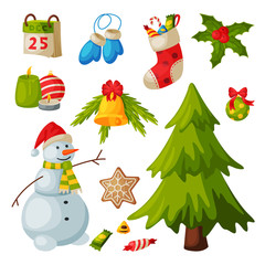 Canvas Print - Christmas and New Year Symbols Collection, Traditional Winter Holidays Decorations Vector Illustration