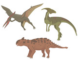 Fototapeta Dinusie - Set of different dinosaurs. Parasaurolophus, pterodactylus and talarurus in cartoon style.