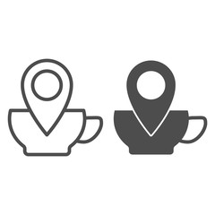 Poster - Cup of coffee and location line and solid icon. Map pointer on hot drink mug symbol, outline style pictogram on white background. Caffeine or cafe sign for mobile concept, web design. Vector graphics.