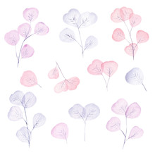 Watercolor Pastel Pink And Light Blue Leaves And Branch Set. Hand Painted Floral Illustration.