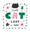 Colorful Mad cat lady lettering,pink and green colors,word art.