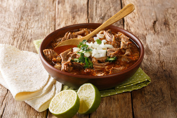 Tasty spicy Birria de Res from slowly stewed beef close-up in a bowl. horizontal