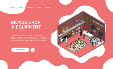 Poster - Bicycle Shop Concept Landing Web Page Isometric View. Vector