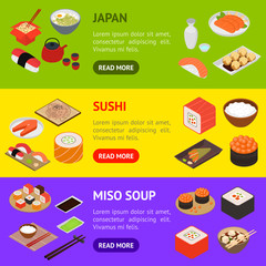 Canvas Print - Japanese Food Concept Banner Horizontal Set 3d Isometric View. Vector