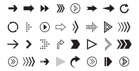 Poster - Arrow vecor icon. Black graphic pointer for direction, sign forward and down, around. Navigation cursor collection for app, computer. Set of flat linear arrows for download. vector illustration