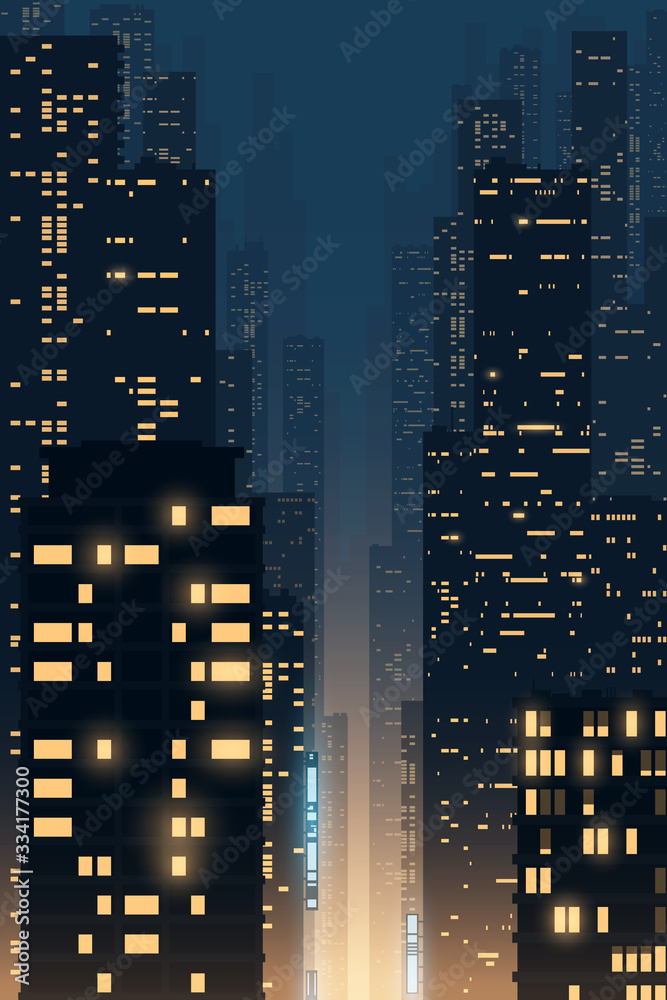 Night city illustration with light windows - obrazy, fototapety, plakaty 