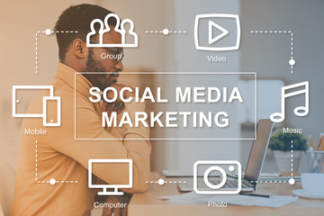Poster - African American advertising expert developing social media marketing strategy in office, collage with SMM icons