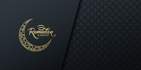 Ramadan celebrate banner with golden colored handwritten inscription Ramadan Kareem, gold crescent moon and black arabic pattern. Muslim holy month vector illustration.