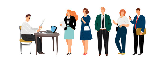 Poster - Male secretary. Social worker or administrator and people queue. Man takes documents, businesspeople waiting vector illustration