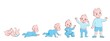 © YummyBuum - Baby growth process. Life cycle stages development, child from newborn to preschool. Boy crawling, sitting and going, vector cartoon characters
