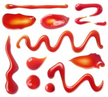 Ketchup Stains. Tomato Sauce Red Spots And Smears, Drops For Paste And Catsup Blobs. Vegetable Seasoning Sour Food Realistic 3d Vector Set