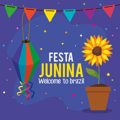 Poster - festa junina poster with sunflower and decoration vector illustration design