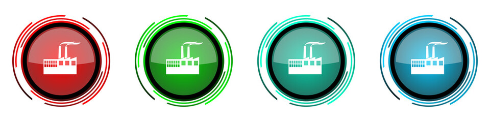 Poster - Factory round glossy vector icons, industrial building, plant, pollution set of buttons for webdesign, internet and mobile phone applications in four colors options isolated on white background