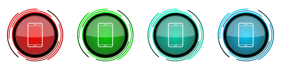 Aufkleber - Smartphone round glossy vector icons, mobile phone set of buttons for webdesign, internet and mobile phone applications in four colors options isolated on white background