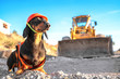 © Masarik - Dachshund in builder costume with safety helmet and vest with reflective elements sits at construction site and directs work process, the bulldozer on blurred background. Dog represents professions.