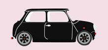 Black Mini Car Vector. Small Sedan Car Hand Drawn Isolated Illustration. Elegant British Car Design. Modern Trendy Vehicle. Side View. 