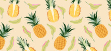 Pineapples And Leaves On Yellow Seamless Pattern. Modern Tropical Exotic Fruit Design For Wrapping Paper, Textile, Banner, Web, App. Bright Juicy Yellow Pineapple Fruits And Soft Green Leaves.
